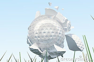 3D illustration Golf ball Scatters to pieces after a strong blow and ball in grass, close up view on tee ready to be Cartoon Illustration