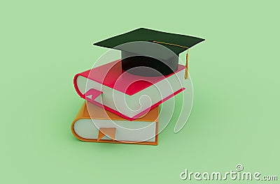 3d illustration Graduation cap hat with tassel, icon Mortarboard with book Cartoon Illustration