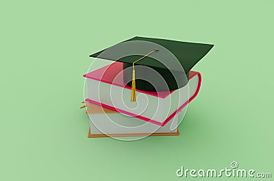 3d illustration Graduation cap hat with tassel, icon Mortarboard with book Cartoon Illustration