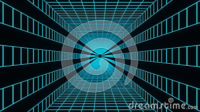 3D illustration graphic of abstract lining and cube pattern energy tunnel in space, seamless loop flying into spaceship tunnel Cartoon Illustration