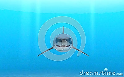 Illustration of a great white shark swimming through blue ocean water near a sandy seafloor Cartoon Illustration