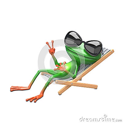 3D Illustration of a Green Frog in a Deck Chair and Glasses Stock Photo