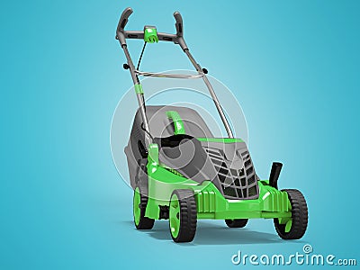 3d illustration of green professional electric lawnmower with grass catcher isolated on blue background with shadow Cartoon Illustration