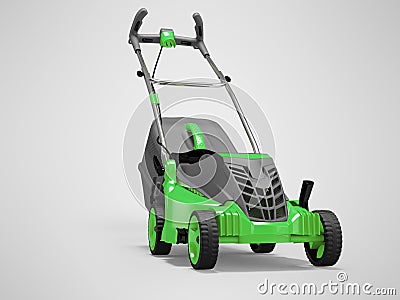 3d illustration of green professional electric lawnmower with grass catcher isolated on gray background with shadow Cartoon Illustration