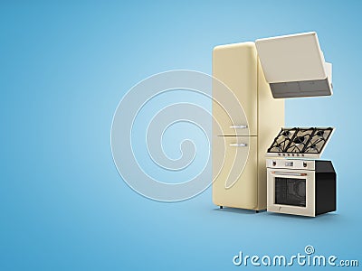 3d illustration of group of household appliances, refrigerator, gas stove, kitchen hood on blue background with shadow Cartoon Illustration