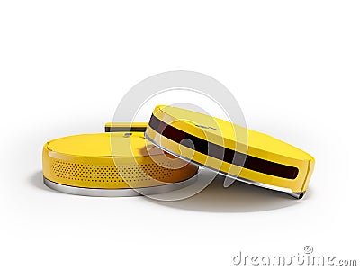 3d illustration of group of orange robot vacuum cleaners for dry cleaning on white background with shadow Cartoon Illustration