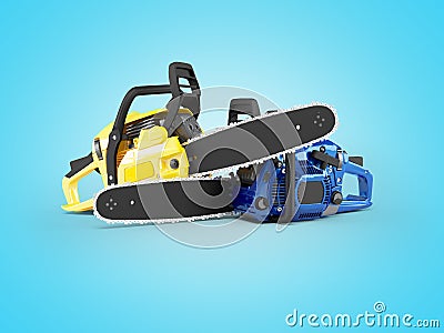 3D illustration of group of professional chainsaws on blue background with shadow Cartoon Illustration