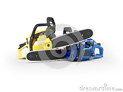 3D illustration of group of professional chainsaws on white background with shadow Cartoon Illustration