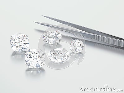 3D illustration group of white different diamonds stones with tweezers Cartoon Illustration