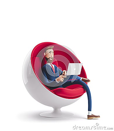 3d illustration. Handsome businessman Billy sitting in an egg chair with laptop. Cartoon Illustration