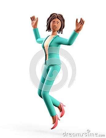 3D illustration of happy african american woman jumping celebrating success. Cartoon winning smiling elegant businesswoma Cartoon Illustration