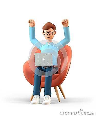 3D illustration of happy man with laptop sitting in armchair and throwing his hands up in the air. Cartoon joyful businessman Cartoon Illustration