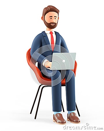 3D illustration of happy man with laptop and sitting in a chair. Cartoon smiling bearded businessman working in office Cartoon Illustration