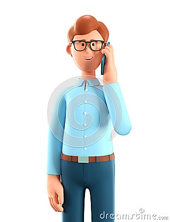 3D illustration of happy man talking on the phone. Close up portrait of cute smiling businessman using smartphone Cartoon Illustration