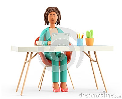 3D illustration of happy smiling african american woman working at the desk in modern office. Cartoon elegant businesswoman Cartoon Illustration