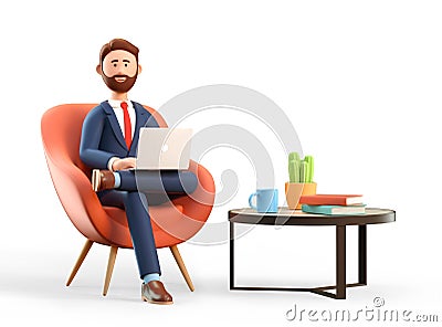 3D illustration of happy smiling businessman in suit with laptop sitting in armchair. Cartoon office workplace. Cartoon Illustration