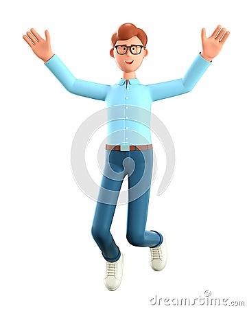 3D illustration of happy smiling man jumping celebrating success. Cartoon winning businessman with his hands in the air Cartoon Illustration