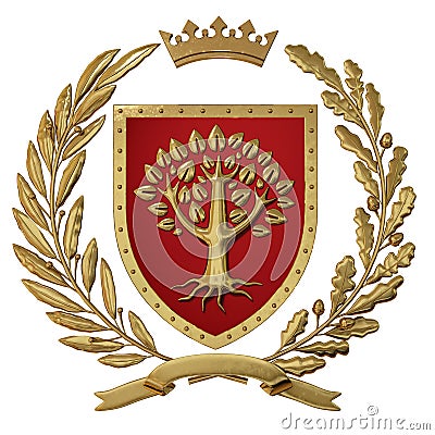 3D illustration Heraldry, red coat of arms. Golden olive branch, oak branch, crown, shield, tree. Isolat. Cartoon Illustration