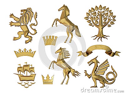 3D illustration of heraldry. A set of objects. Golden olive branches, oak branches, crowns, lion, horse, tree Cartoon Illustration