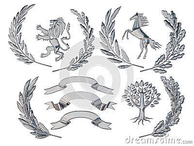 3D illustration of heraldry. A set of objects. Silver olive branches, oak branches, crowns, lion, horse, tree Cartoon Illustration