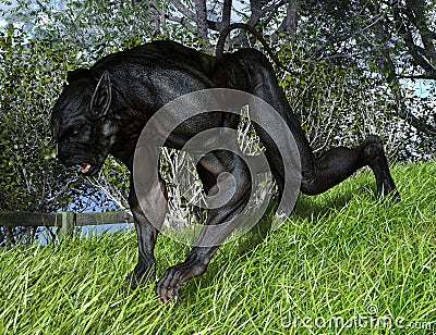 3D Illustration of horror fantasy showing a werewolf running in broad daylight Cartoon Illustration