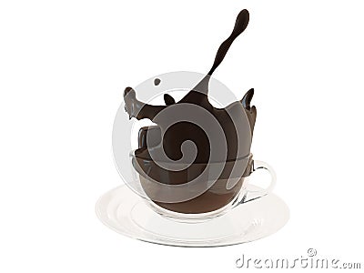 3D illustration of hot chocolate splash in glass cup, splashing coffee on white. Cartoon Illustration