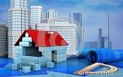 3d illustration of house blocks Cartoon Illustration