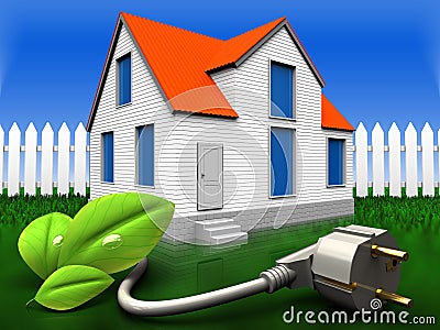 3d eco power cable over grass and fence Cartoon Illustration