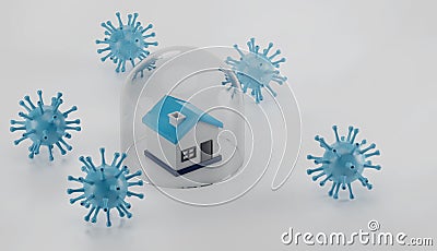 3D Illustration of a House protected under a Glass Dome surrounded by Viruses Stock Photo