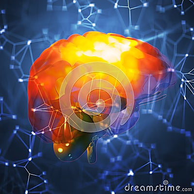 3d illustration of a human brain highlighted on low-poly abstract background Cartoon Illustration