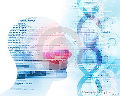 3d illustration of human head on dna molecules abstract technol Cartoon Illustration