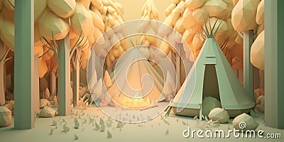 3D Illustration Hut Tents In Forest And Bonfire Stock Photo