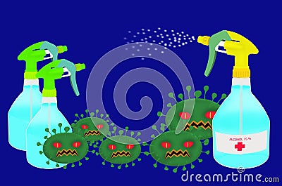 Kill COVID 19 virus with alcohol 75 % Cartoon Illustration