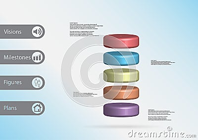 3D illustration infographic template with cylinder horizontally divided to five color slices Vector Illustration