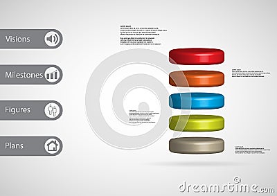 3D illustration infographic template with cylinder horizontally divided to five color slices Vector Illustration