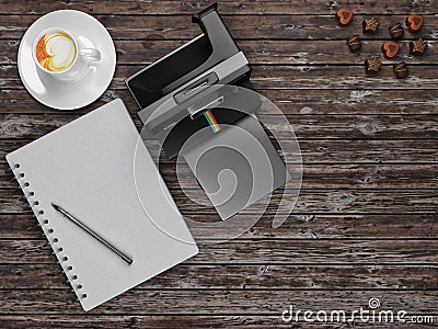 3d Illustration instant camera with a coffee notebook pen and candy chocolates Stock Photo