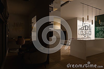 3d illustration interior design of a city apartment with home office for freelance Cartoon Illustration