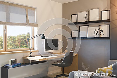 3d illustration of interior design concept for home office Cartoon Illustration