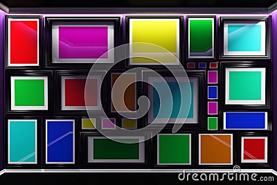 3d illustration Interior. Mouldings and wall hung with colorful paintings completely. Stock Photo