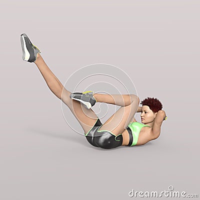 3D-Illustration of an Isolated Fitness Girl making bycicle crunch Stock Photo