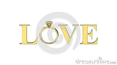 3D illustration isolated gold text word love with diamond ring o Cartoon Illustration