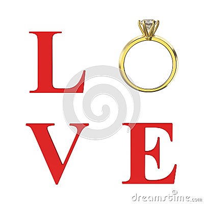 3D illustration isolated red text word love with gold diamond we Cartoon Illustration