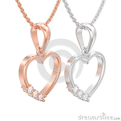 3D illustration isolated two jewelry rose and white gold or silver diamond heart necklaces on chains Cartoon Illustration