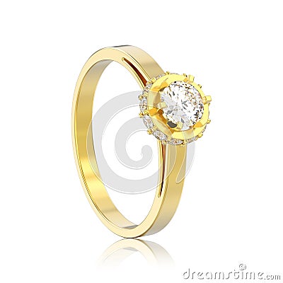 3D illustration isolated yellow gold halo bezel pave diamond ring with reflection Cartoon Illustration