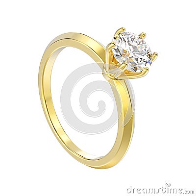 3D illustration isolated yellow gold traditional solitaire engagement diamond ring Cartoon Illustration