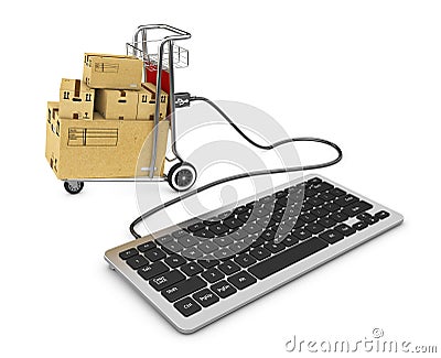 3d Illustration of Keyboard and shopping trolley connected via usb, isolated white Stock Photo