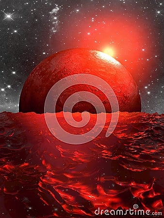 Large red planet sinking on the horizon over the surface of the ocean Cartoon Illustration