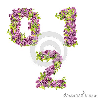 3D illustration of Lilac flowers alphabet - digits 0-2 Stock Photo