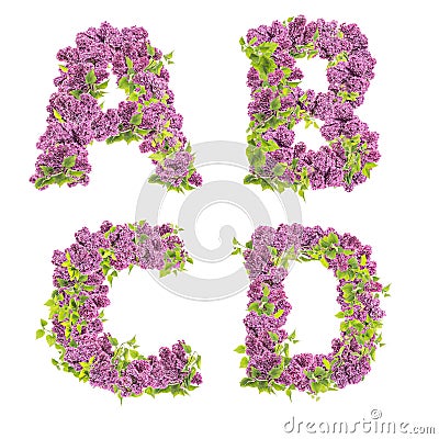 3D illustration of Lilac flowers alphabet - letters A-D Stock Photo