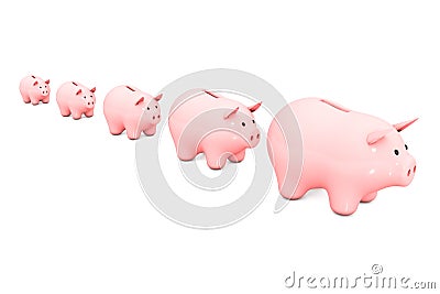 3d illustration: line of pink piggy bank on a white isolated background. range from smallest to largest. five money box for coins Cartoon Illustration